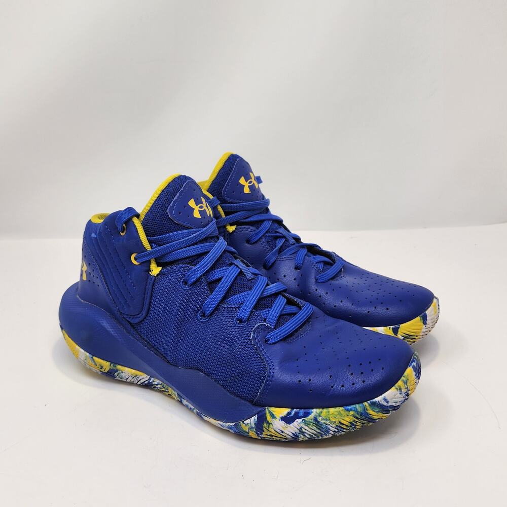 Under Armour Youth Jet 21 Royal Blue Yellow Basketball Sneakers Size 4Y Mid Top